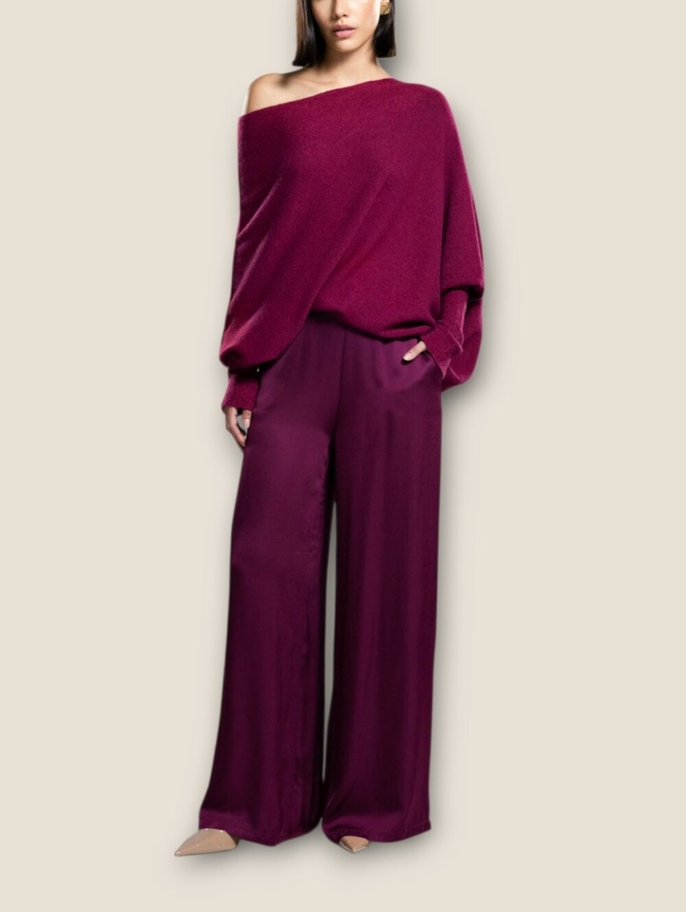 NWT JAKI London Cole Satin Wide Leg Trousers In Burgundy XS